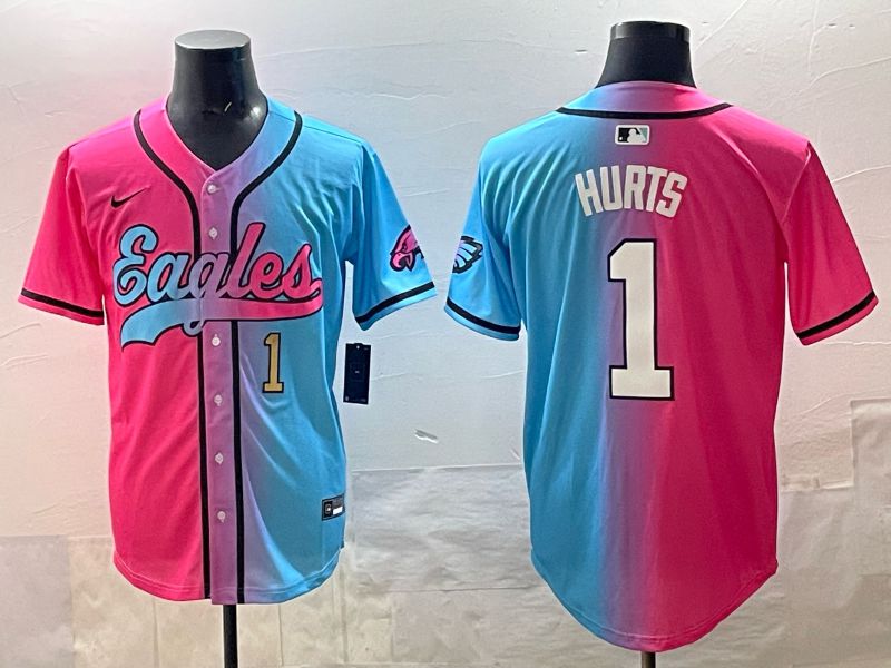 Men 2025 Philadelphia Eagles 1 Hurts Blue pink Nike Limited NFL Jersey style 04